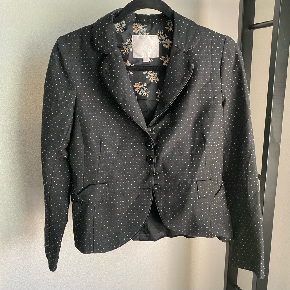 Rebecca Taylor Black Fitted Blazer Jacket Size 8 Gold‎ Dots & Circles Wool Silk